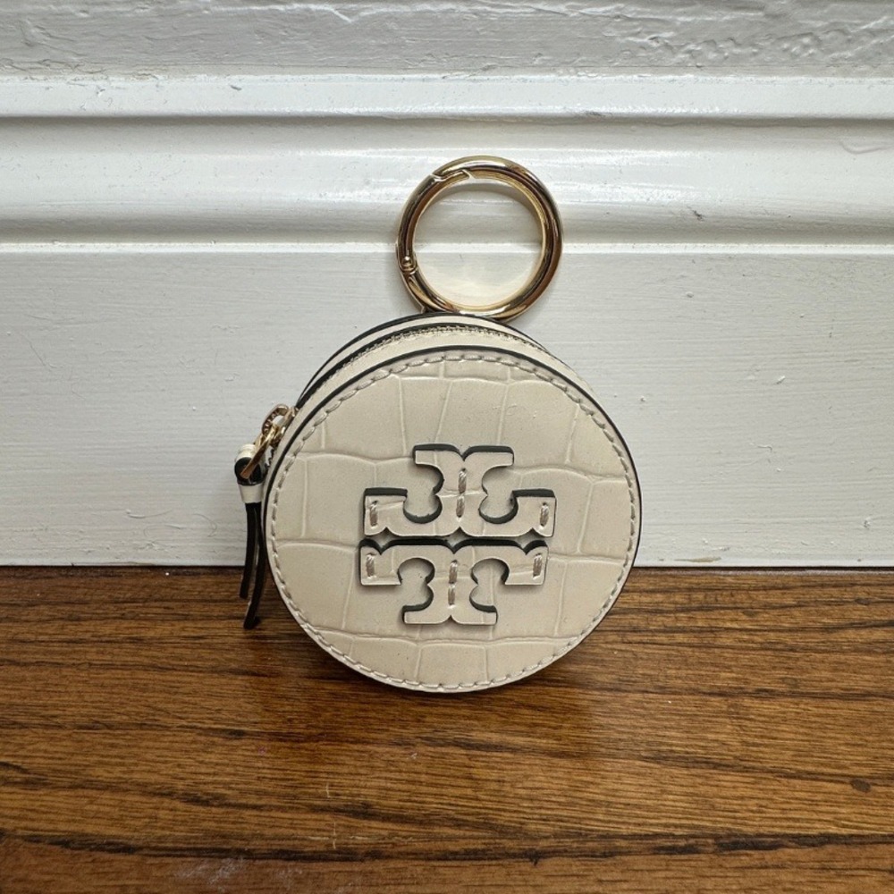 Tory Burch Thea Croc-Embossed Round Coin Pouch New Ivory Leather Key Fob